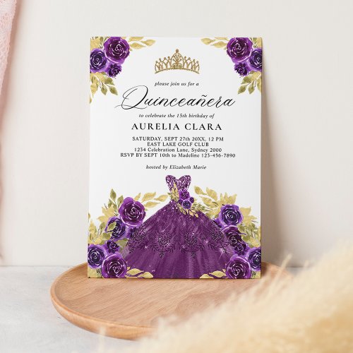 Glam Purple Dress Floral 15th Quinceaera Invitation