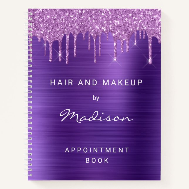 Glam Purple Drip Glitter Brushed Metal Appointment Notebook (Front)