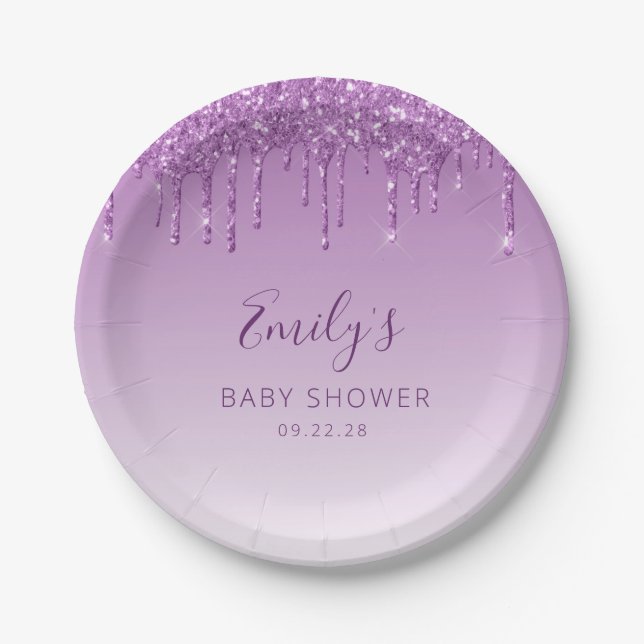 Glam Purple Dripping Glitter Baby Shower Paper Plates (Front)