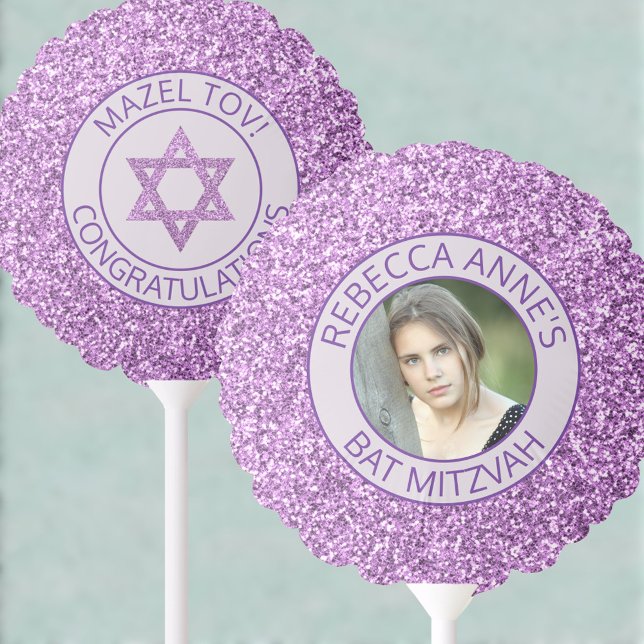 Glam Purple Elegant Photo Girl Bat Mitzvah Party Balloon (Add your daughter's photo and edit the text for fun purple glam Bat Mitzvah balloons for the party)