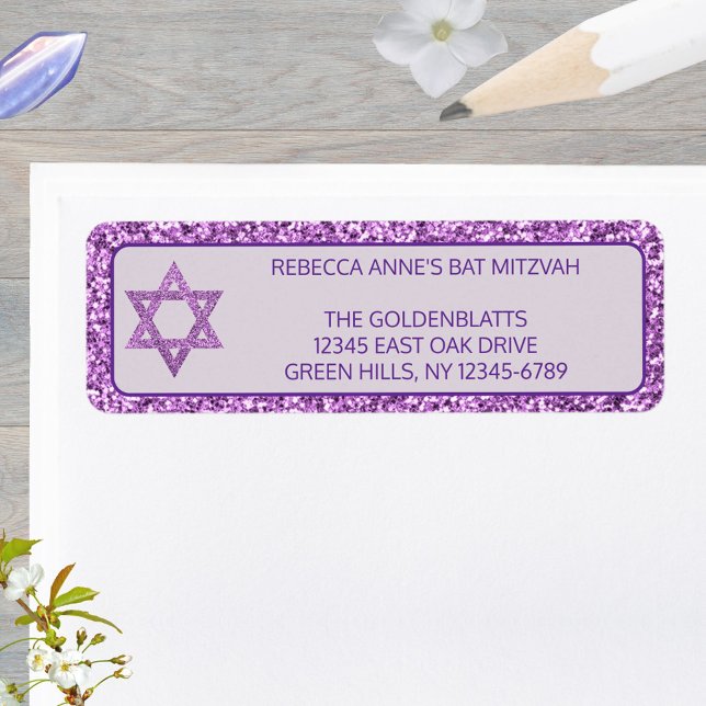 Glam Purple Elegant Star Of David Bat Mitzvah Label (These purple faux glitter Bat Mitzvah return address labels are easy to personalize)