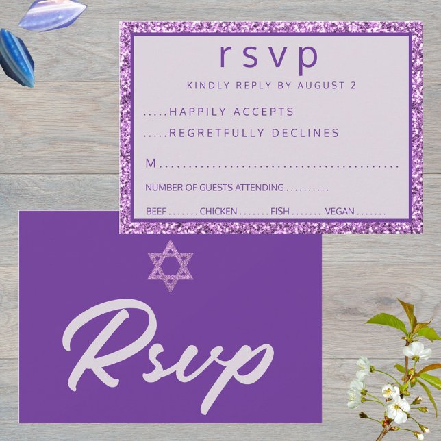 Glam Purple Elegant Star Of David Bat Mitzvah RSVP Card (Easy to customize purple Bat Mitzvah RSVP cards)