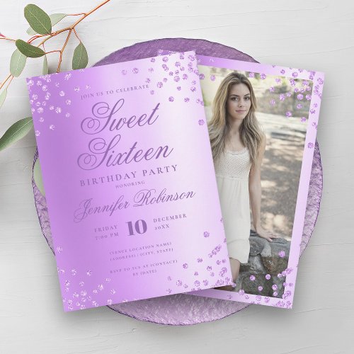 Glam Purple Foil Glitter Confetti Photo Sweet 16   Invitation