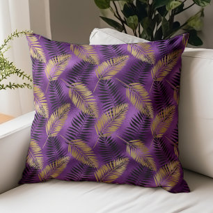Glam Purple Foil Gold Black Tropical Palm Pattern Throw Pillow
