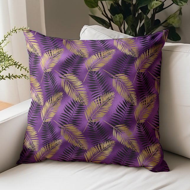 Glam Purple Foil Gold Black Tropical Palm Pattern Throw Pillow (Creator Uploaded)