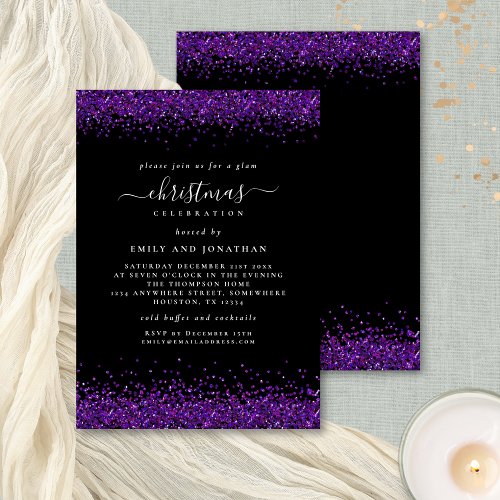 Glam Purple Glitter Christmas Party Black Invitation