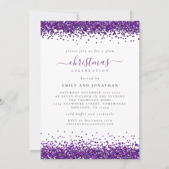 Glam Purple Glitter Christmas Party White  Invitation (Front)
