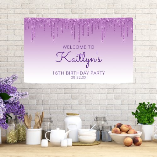 Glam Purple Glitter Drip 16th Birthday Banner