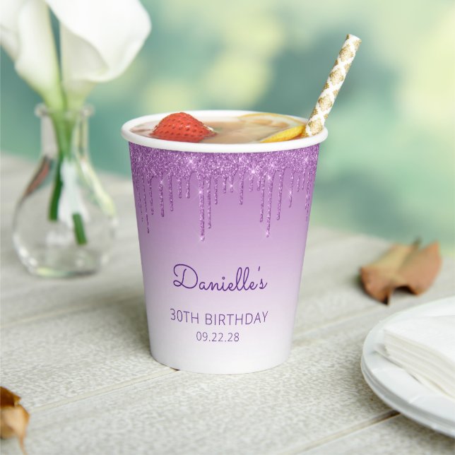 Glam Purple Glitter Drip 30th Birthday Party Paper Cups (Insitu)