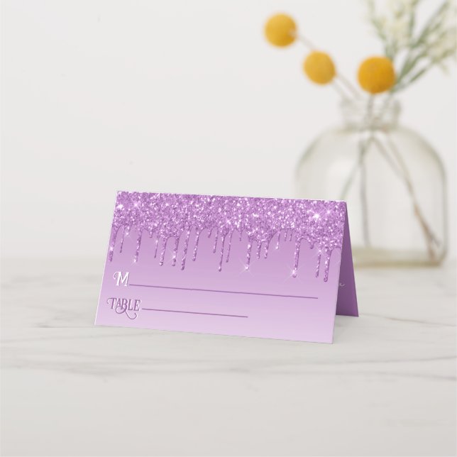 Glam Purple Glitter Drip Elegant Personalized Place Card (Front)
