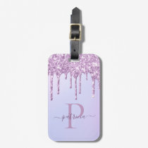 Glam Purple Glitter Drips Elegant Monogram  Luggage Tag