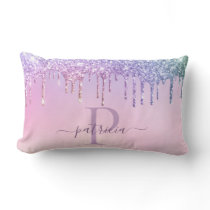 Glam Purple Glitter Drips Elegant Monogram  Lumbar Lumbar Pillow