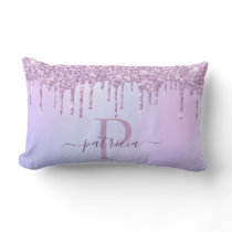 Glam Purple Glitter Drips Elegant Monogram  Lumbar Pillow