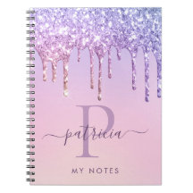 Glam Purple Glitter Drips Elegant Monogram Noteboo