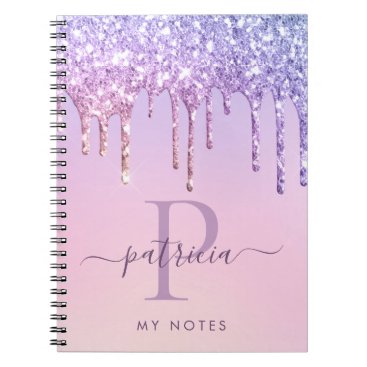 Glam Purple Glitter Drips Elegant Monogram Noteboo Notebook