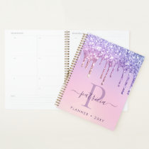 Glam Purple Glitter Drips Elegant Monogram Planner