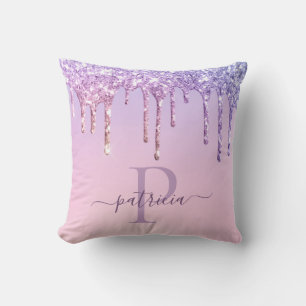 Glam Purple Glitter Drips Elegant Monogram Throw Pillow