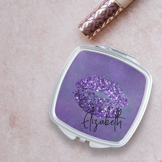 Glam Purple Glitter Lipstick Kiss Makeup Compact Mirror (Creator Uploaded)
