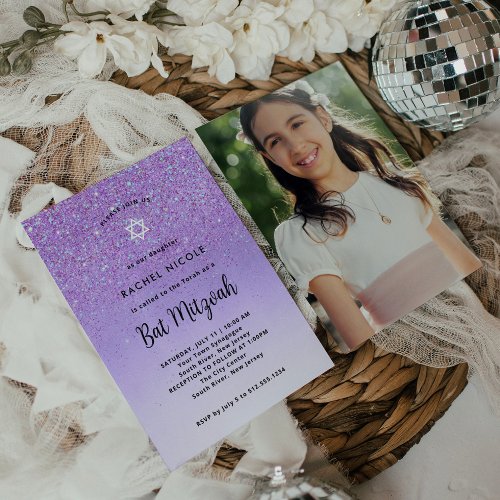 Glam Purple Glitter Look Bat Mitzvah  Photo Back Invitation