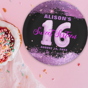 Glam Purple Glitter Pink Balloon Sweet 16 Birthday Paper Plates