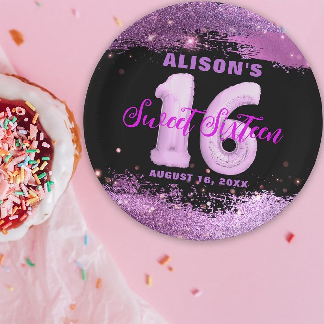 Glam Purple Glitter Pink Balloon Sweet 16 Birthday Paper Plates (Creator Uploaded)
