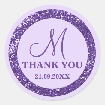 Glam Purple Glitter Thank You Monogram  Classic Round Sticker by InitialsMonogram at Zazzle