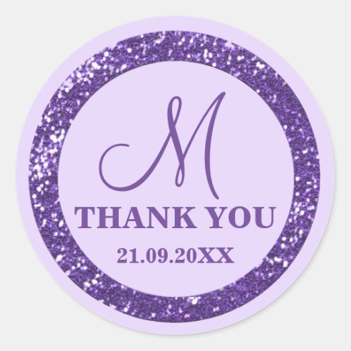 Glam Purple Glitter Thank You Monogram  Classic Round Sticker