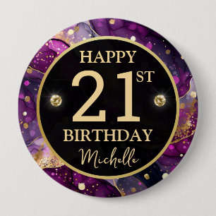 Glam Purple Gold Agate Birthday Button