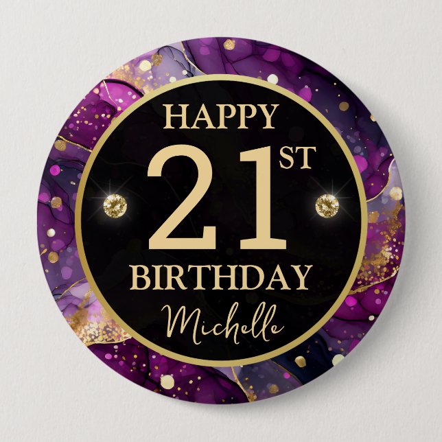 Glam Purple Gold Agate Birthday Button (Front)