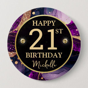 Glam Purple Gold Agate Birthday Button