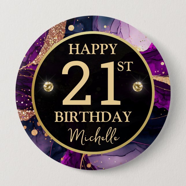 Glam Purple Gold Agate Birthday Button (Front)