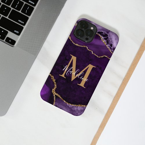 Glam Purple Gold Agate Geode Monogram iPhone 14 Case