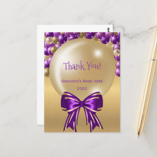 Glam Purple Gold Balloon Bow Thank You Graduation Postcard