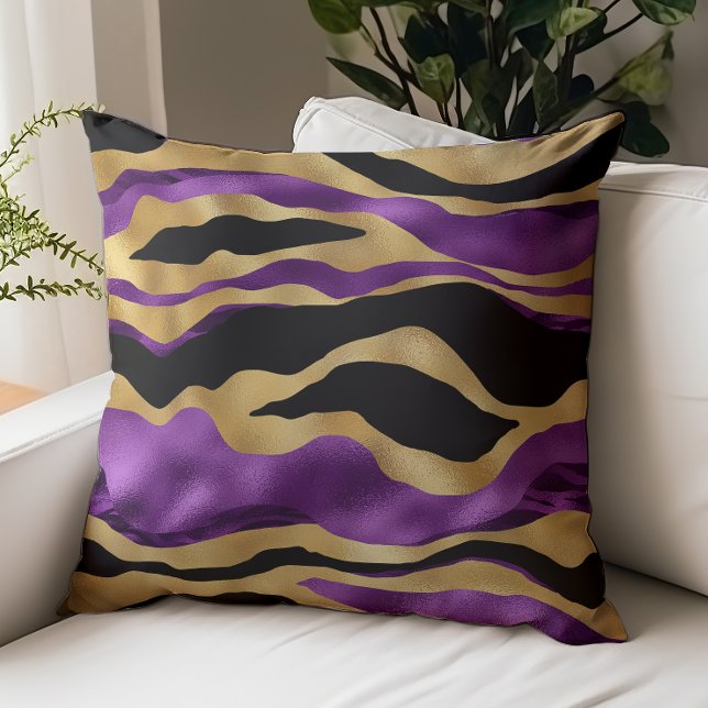 Glam Purple Gold Foil Black Tiger Stripes Throw Pillow (Creator Uploaded)
