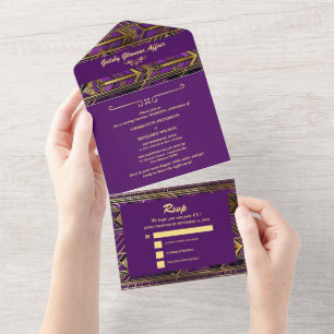 Glam Purple & Gold Gatsby Art Deco 1920s Wedding All In One Invitation