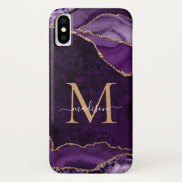 Glam Purple Gold Glitter Agate Gemstone Monogram iPhone X Case