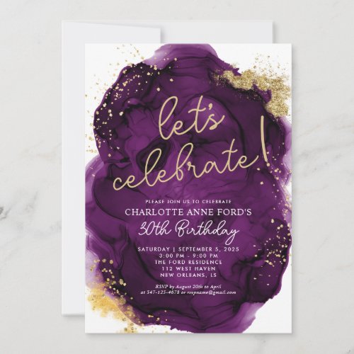 Glam Purple Gold Glitter Alcohol Ink Birthday Invitation