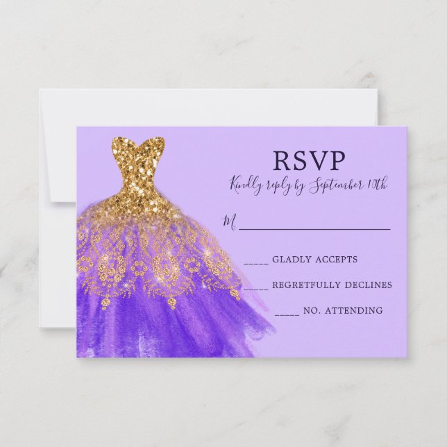 Glam Purple Gold Glitter Sparkle Dress Gown Script RSVP Card (Front)