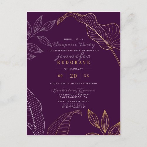 Glam Purple  Gold Leaves Modern Surprise Party Invitation Postcard