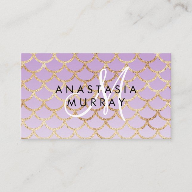 Glam Purple & Gold Mermaid Glitter Monogram Name Business Card (Front)