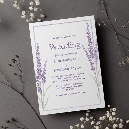 Glam purple green lavender glitter floral Wedding Invitation