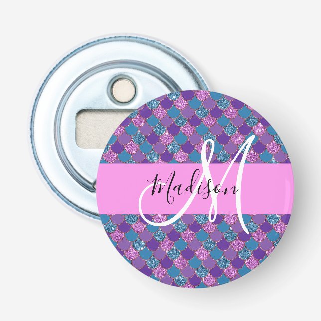 Glam Purple Mermaid Glitter Sparkles Monogram Name Bottle Opener (Front)