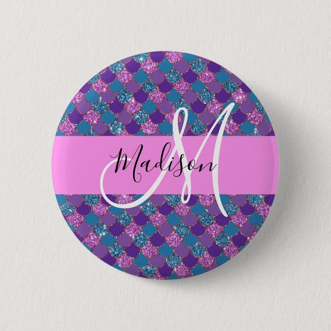 Glam Purple Mermaid Glitter Sparkles Monogram Name Button (Front)
