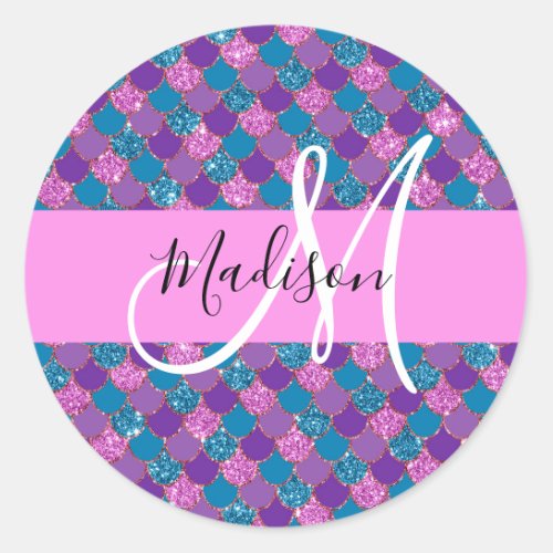 Glam Purple Mermaid Glitter Sparkles Monogram Name Classic Round Sticker