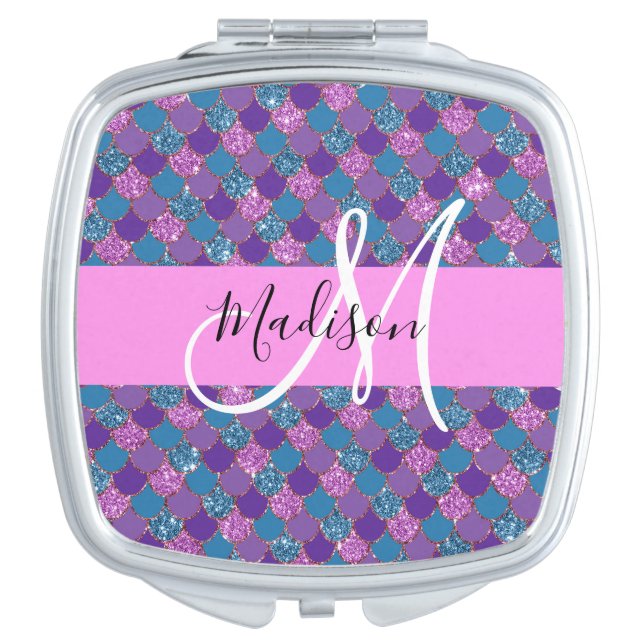 Glam Purple Mermaid Glitter Sparkles Monogram Name Compact Mirror (Front)