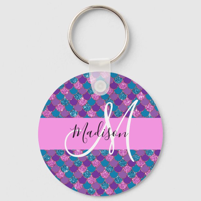 Glam Purple Mermaid Glitter Sparkles Monogram Name Keychain (Front)