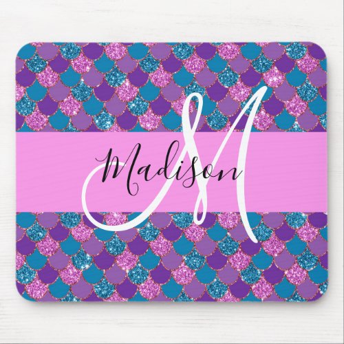 Glam Purple Mermaid Glitter Sparkles Monogram Name Mouse Pad