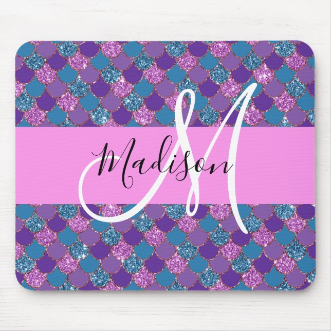 Glam Purple Mermaid Glitter Sparkles Monogram Name Mouse Pad (Front)