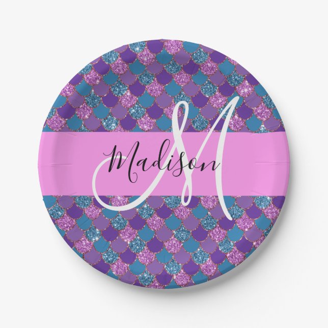 Glam Purple Mermaid Glitter Sparkles Monogram Name Paper Plates (Front)