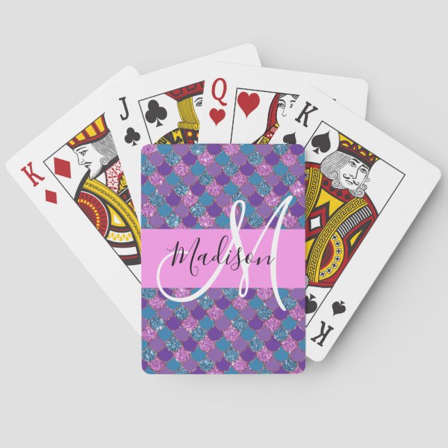 Glam Purple Mermaid Glitter Sparkles Monogram Name Poker Cards (Back)